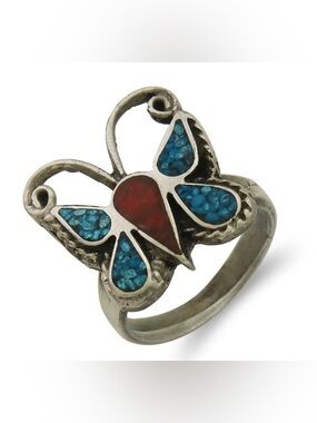 Butterfly Inlay Silver Ring with Turquoise and Red Accents